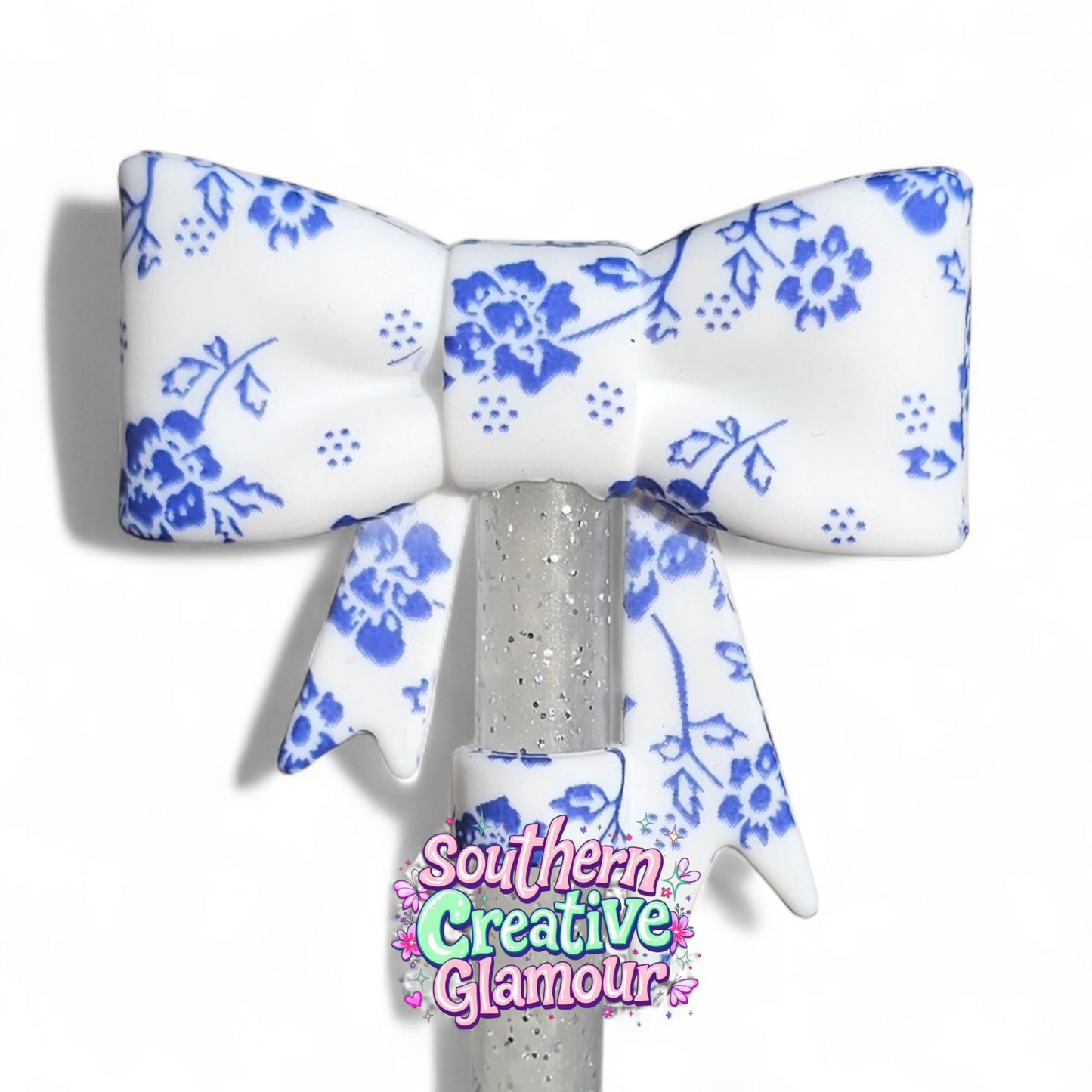 Classic Blue Floral 3D Bow Silicone 10mm Straw Topper