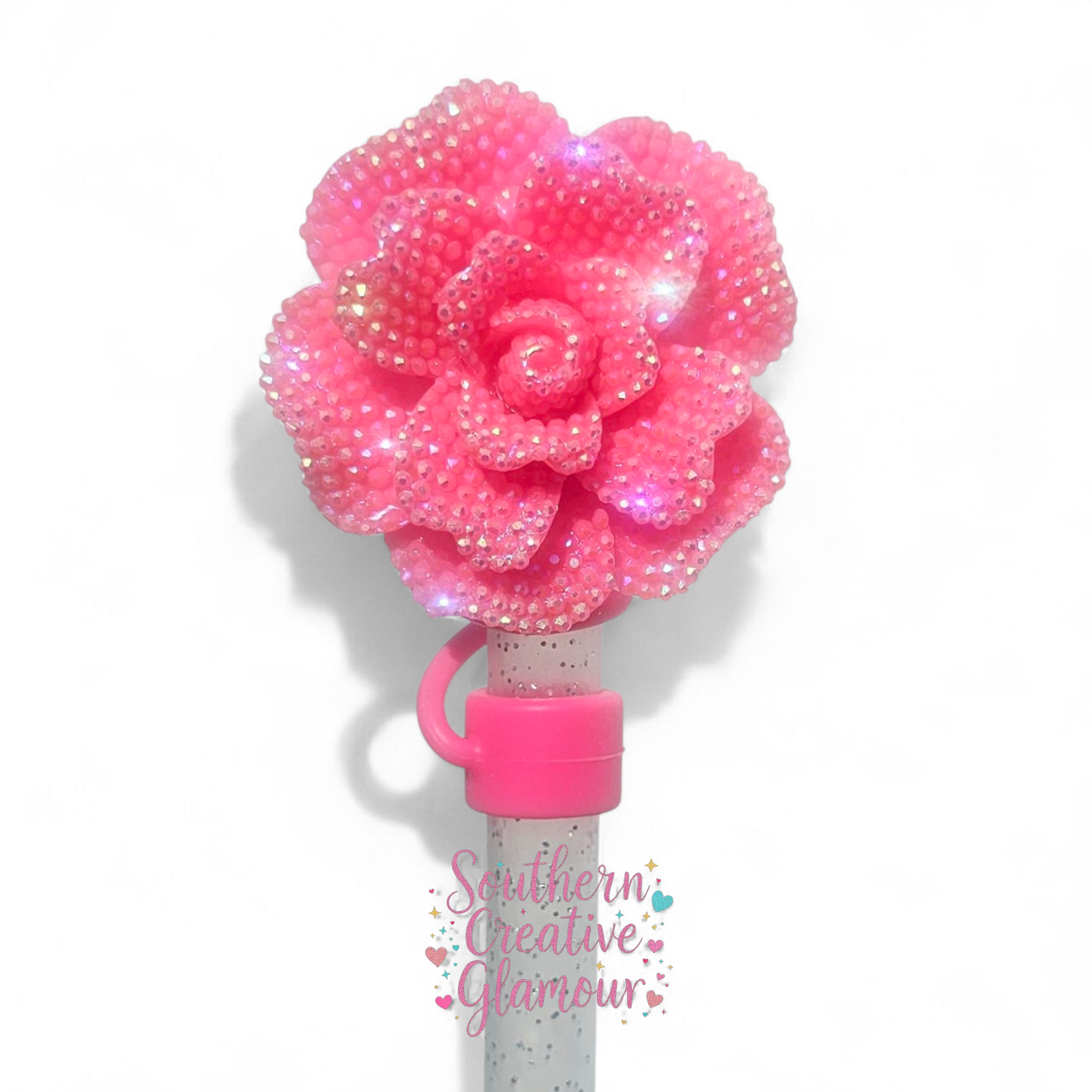 Sweet Pink Glitter Rose 10mm Straw Topper by Southern Creative Glamour 