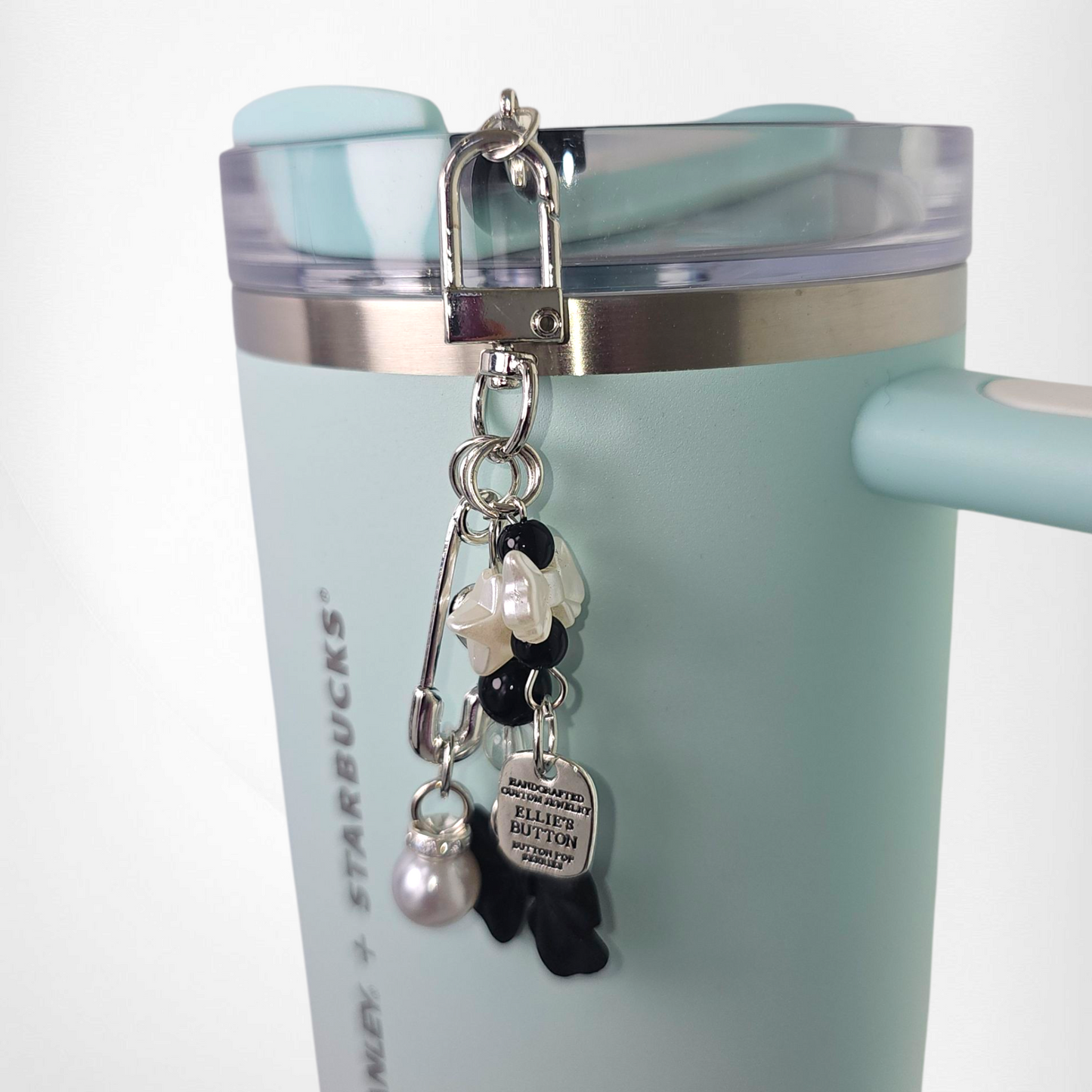 Black faux pearl ribbon tumbler charm. 