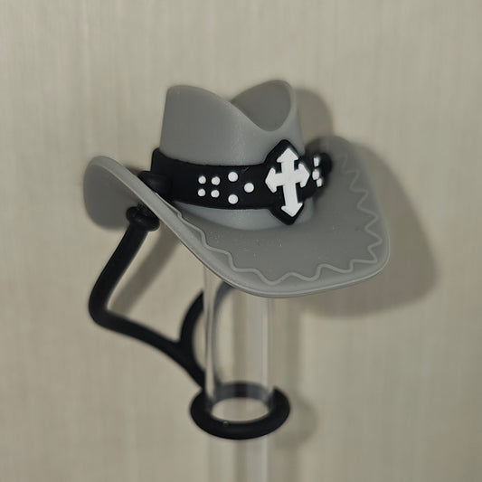 Cowboy Hat 3D Silicone Straw Topper  - Straw Cover - Grey Black