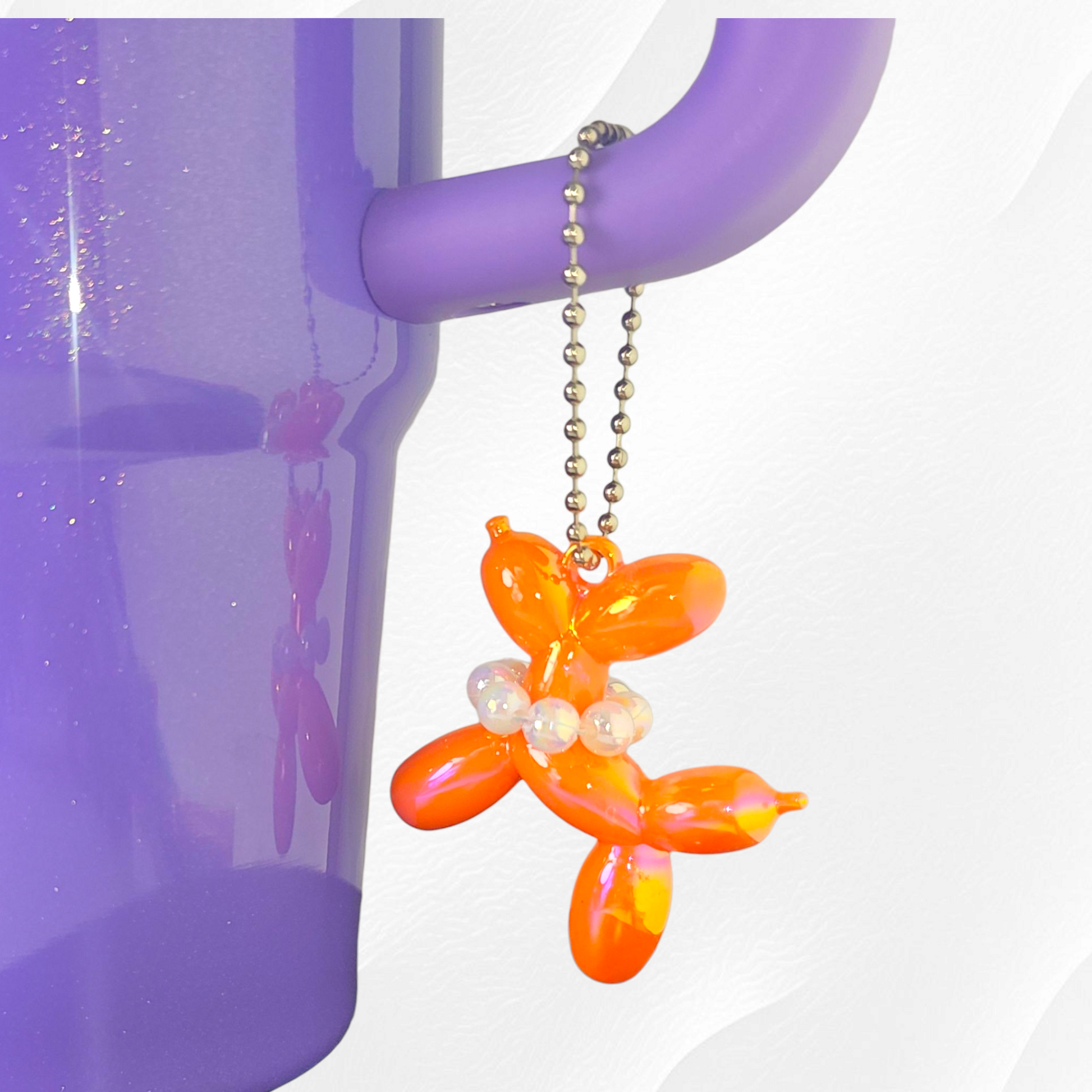 Iridescent Pearlescent Orange Balloon Dog Charm with Beaded Faux Pearl Necklace. 
