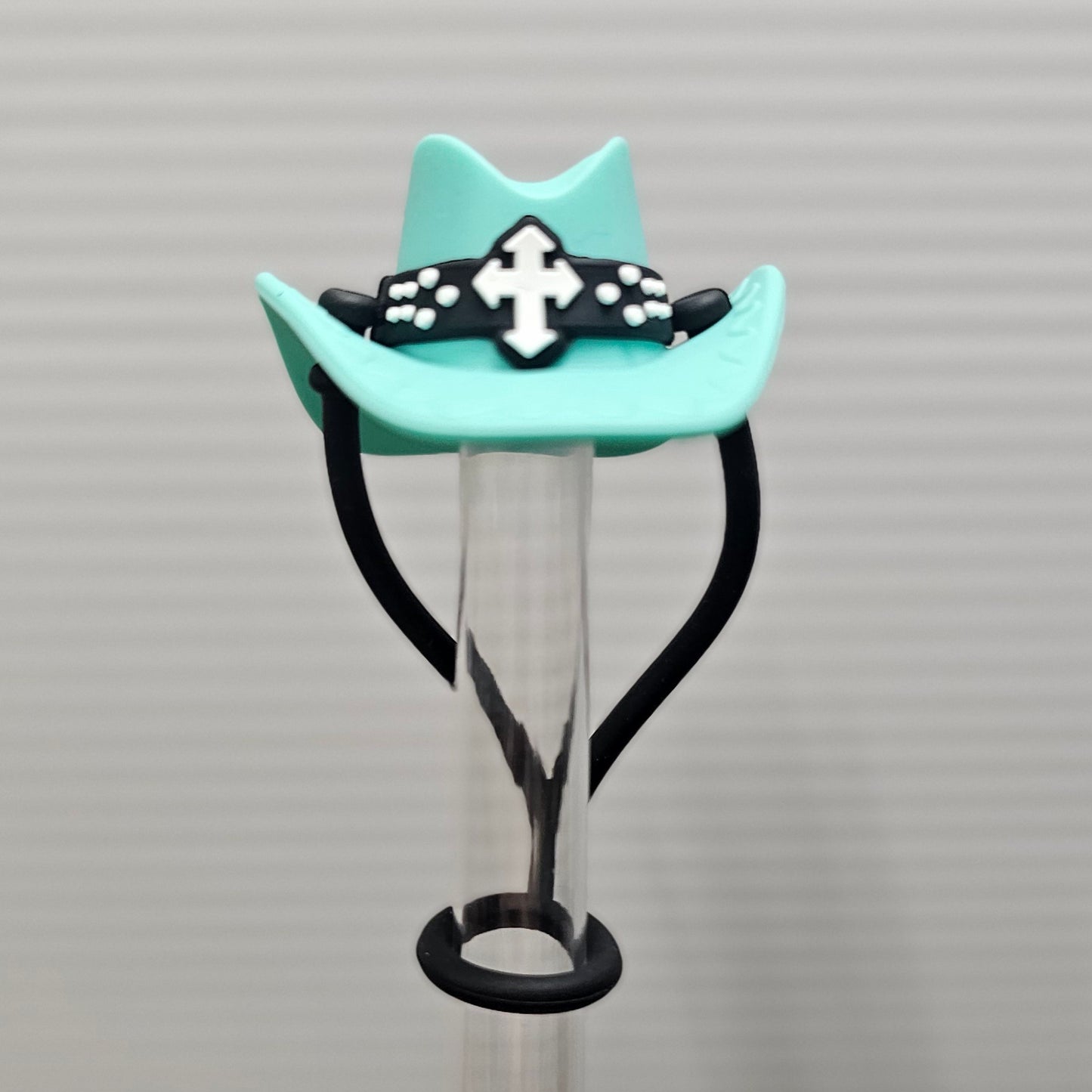 Cowboy Hat 3D Silicone Straw Topper  - Straw Cover - Tiffany Teal Blue, White, and Black