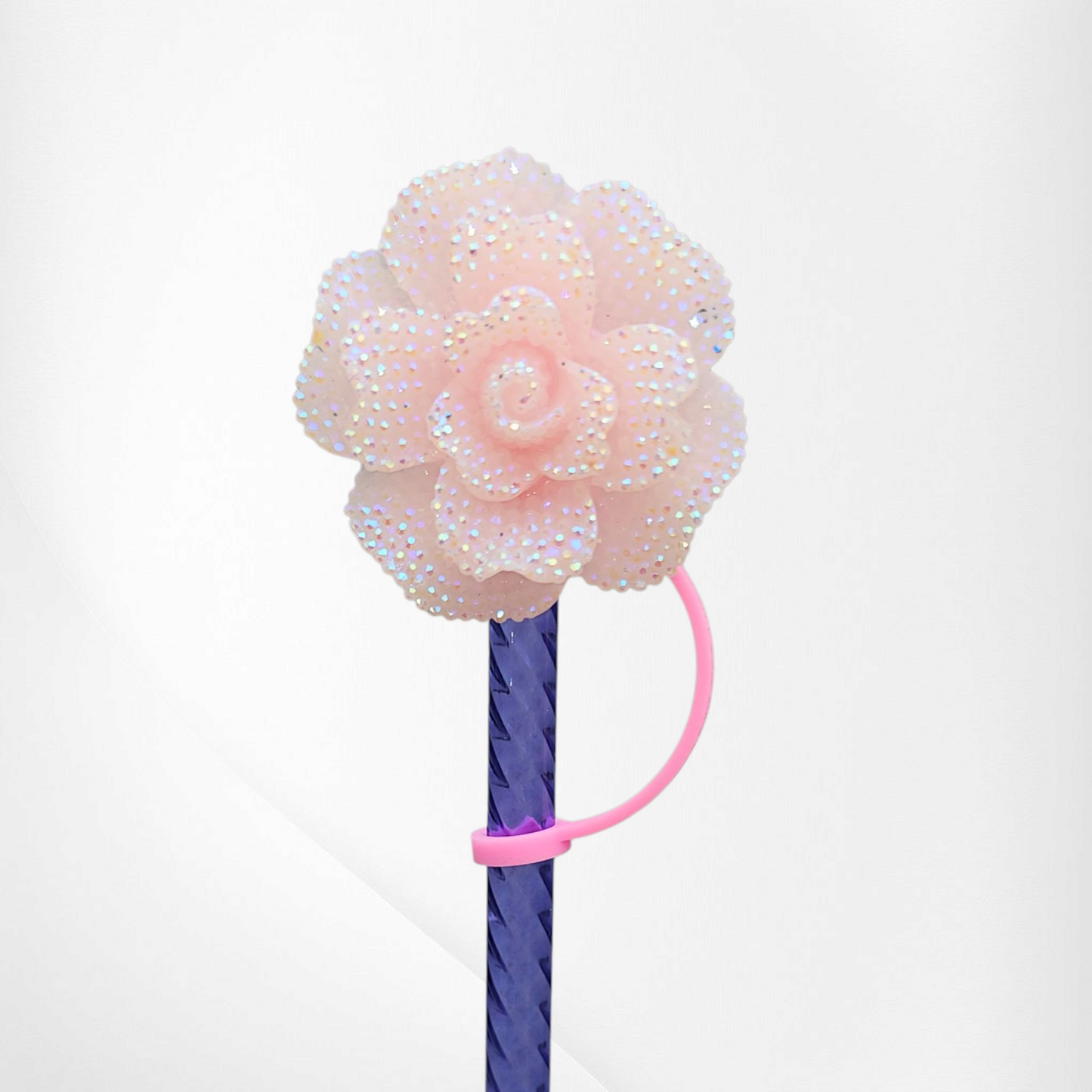 Glitter Rose Flower 8mm Straw Topper - Pink
