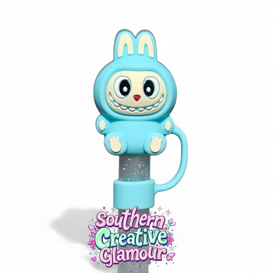 Teal Blue 3D Labubu Silicone 10mm Straw Toppers by Southern Creative Glamour 