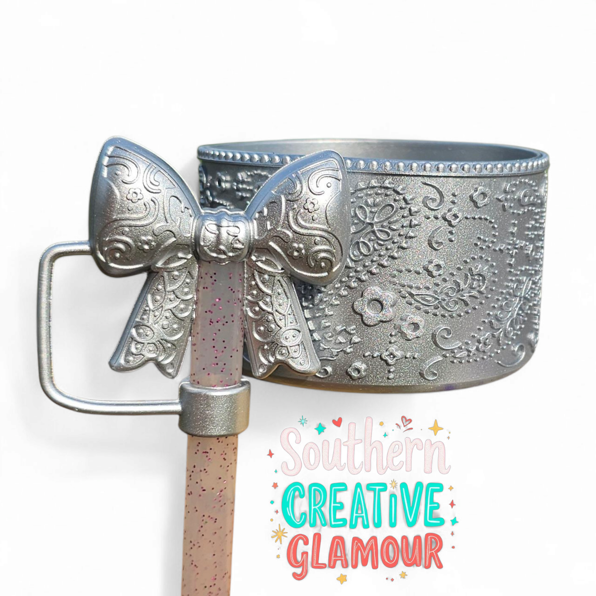 Silver Shimmer Paisley Textured 3D Silicone Tumbler Boot and Matching Bow Silicone 10mm Straw Topper by Southern Creative Glamour 