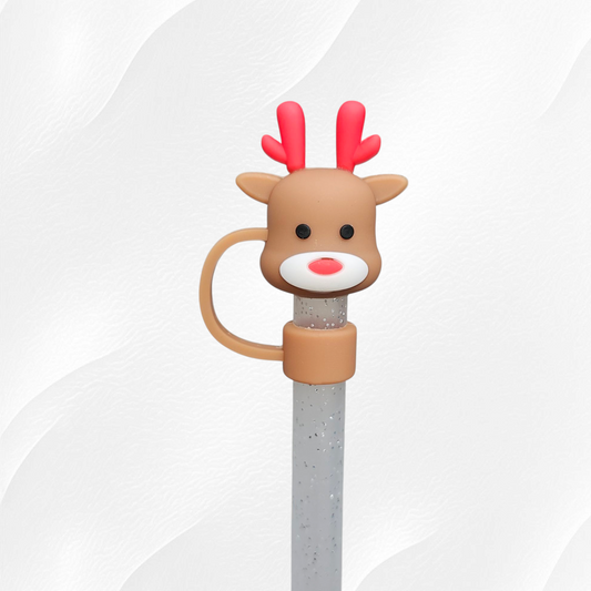 Brown Christmas Rudolph the Red Nose Reindeer 3D Silicone Straw Topper 