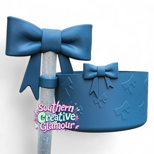 Nightfall Blue 3D Bow Textured Silicone Tumbler Boot & Bow 10mm Straw Topper Set by Southern Creative Glamour 