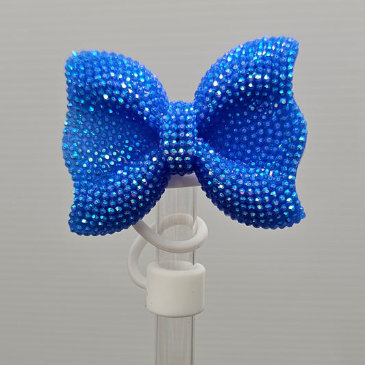 Blue Glitter Bow Tie with White Silicone Straw Topper base  - Straw Cover  - Straw Topper 