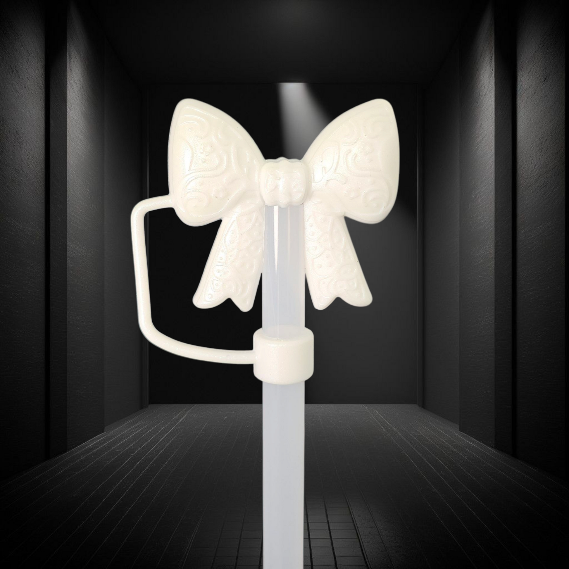 Pearl White Shimmer Lace Ribbon BOW 3D Silicone Straw Topper  - Straw Cover. 