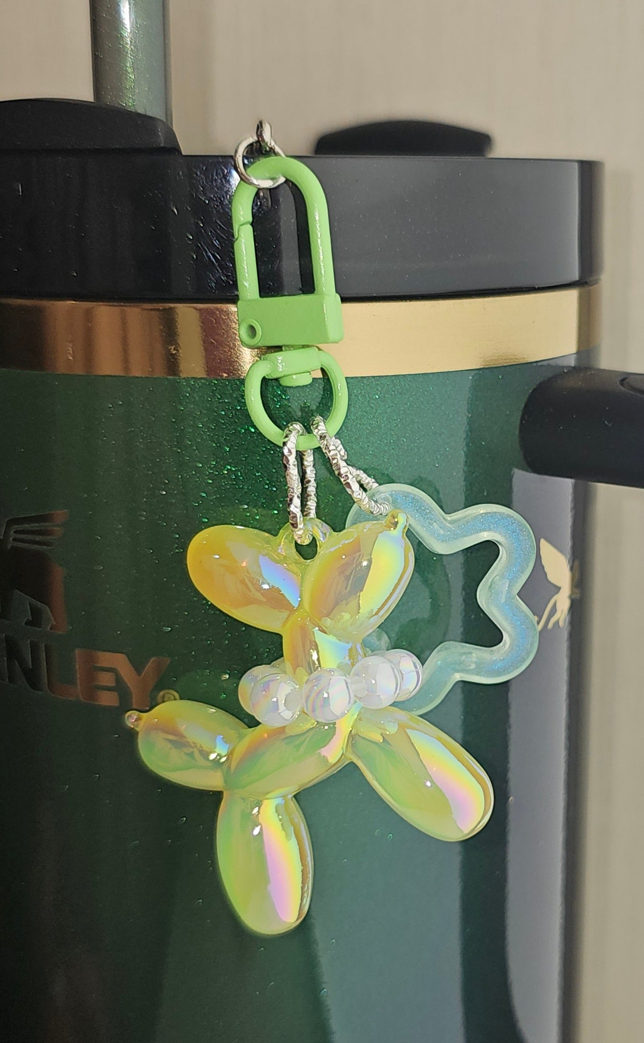 Iridescent Pearlescent Pearl Green Balloon Dog w/ Star Charm For Stanley Tumbler Straw