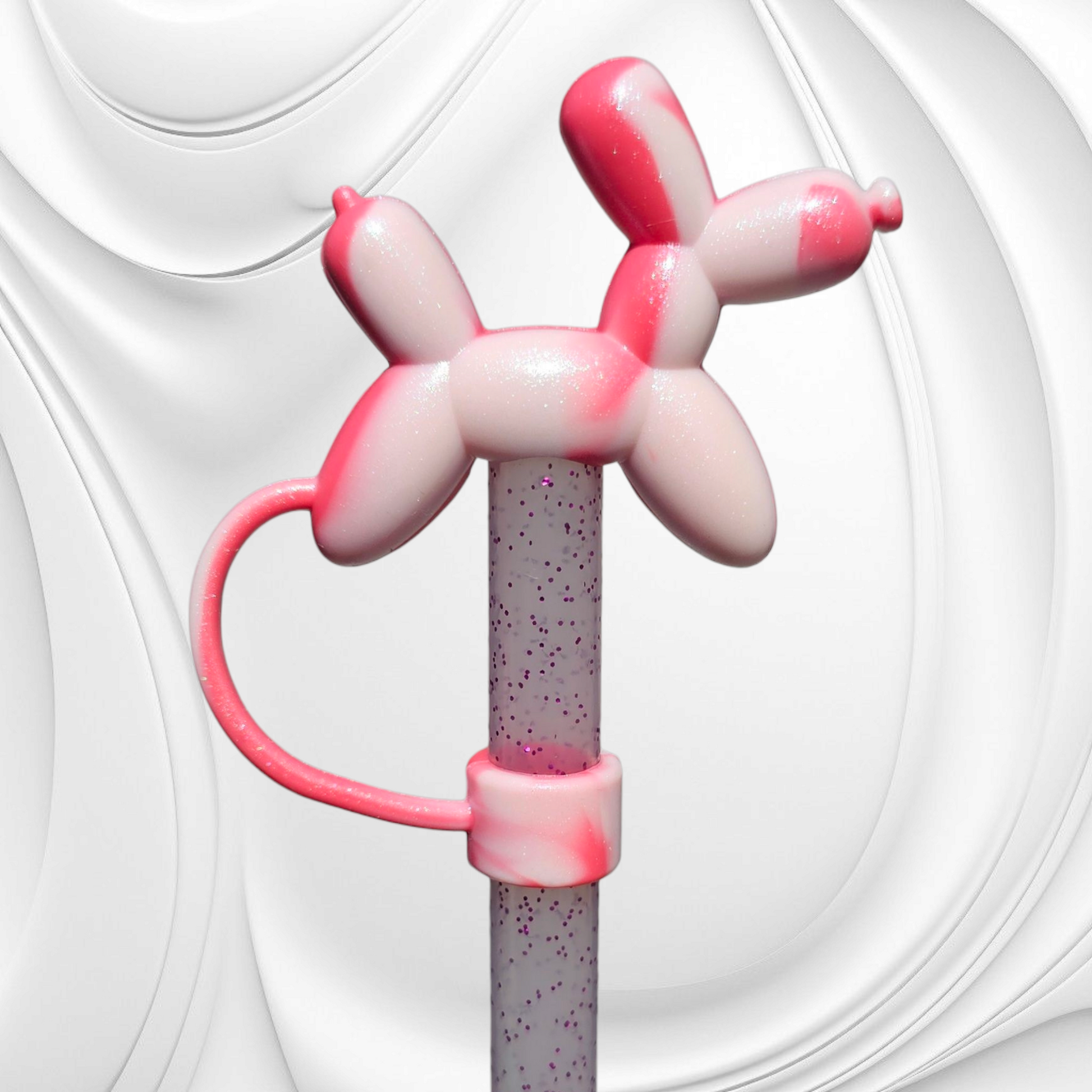Hot Coral Shimmer 3D Silicone Balloon Dog Straw Topper by Southern Creative Glamour 