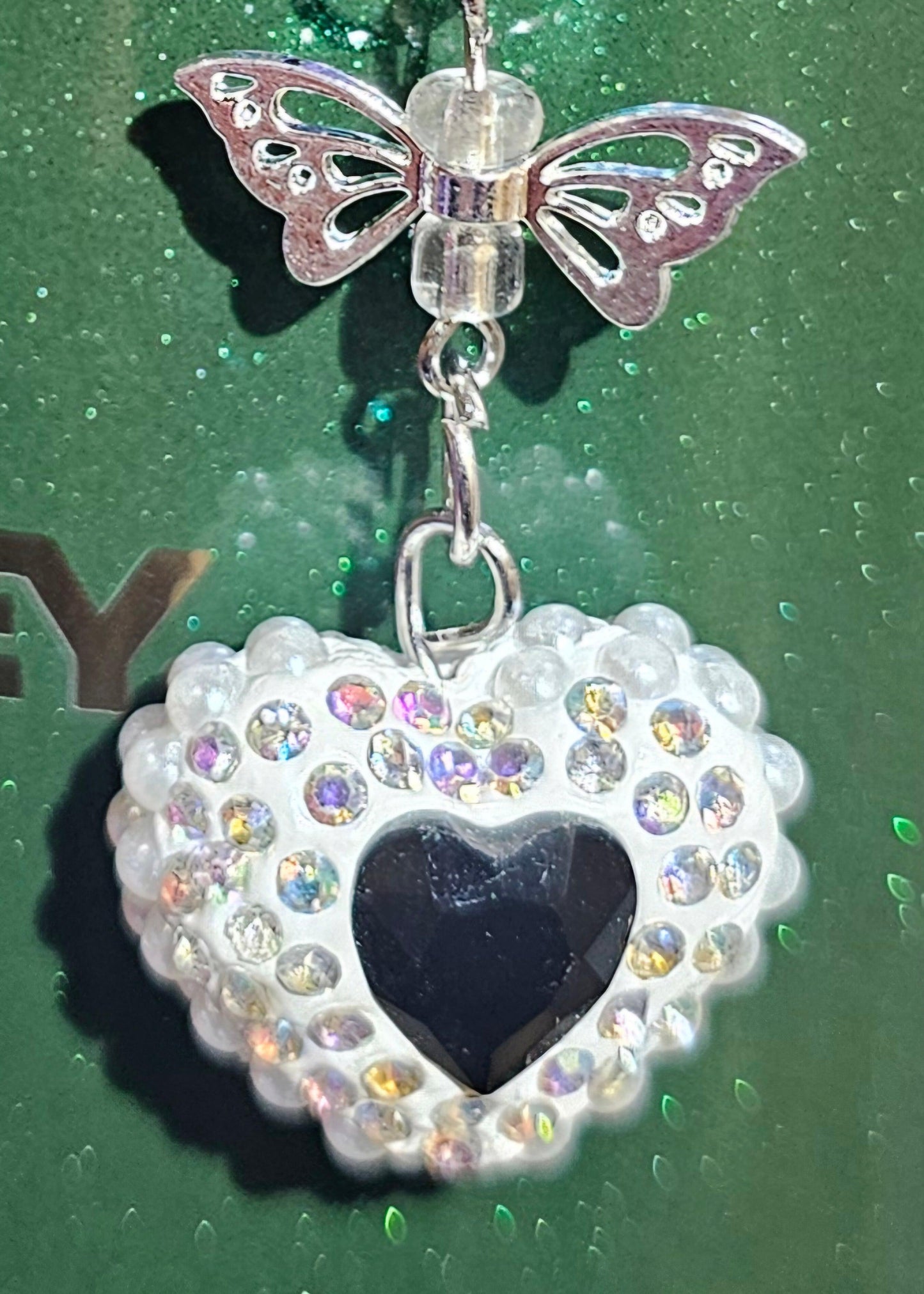 Iridescent Pearlescent Black Heart Jewel trimmed with White Rhinestone Glitter Charm Pendant