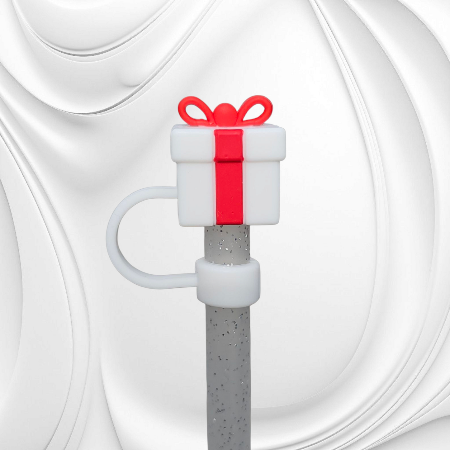White and red Christmas Present 3D Silicone Straw Topper. 
