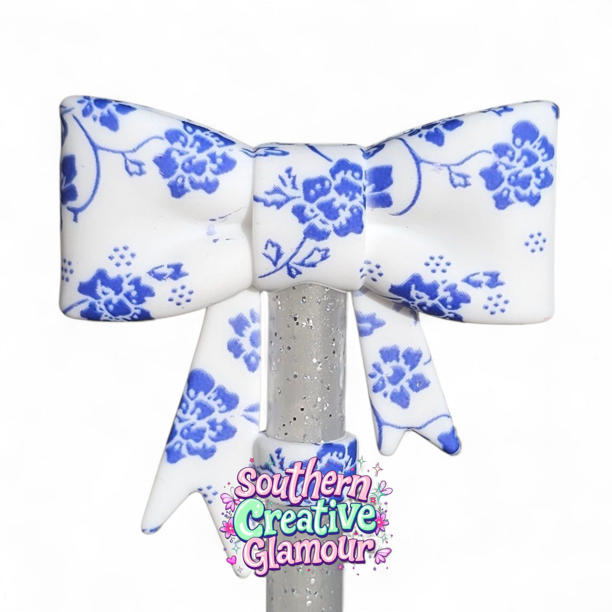 Classic Blue Floral 3D Bow Silicone 10mm Straw Topper by Southern Creative Glamour 