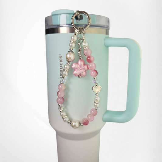 Pink Sakura Flower with White & Pink Faux Pearl Beads, and White Pearl Heart with Silver Keyring Charm Bracelet. 