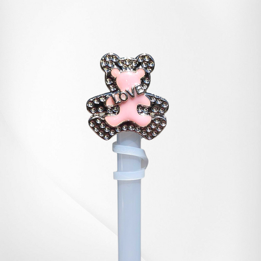 Blush Pink teddy bear love silicone straw topper  - straw cover. 