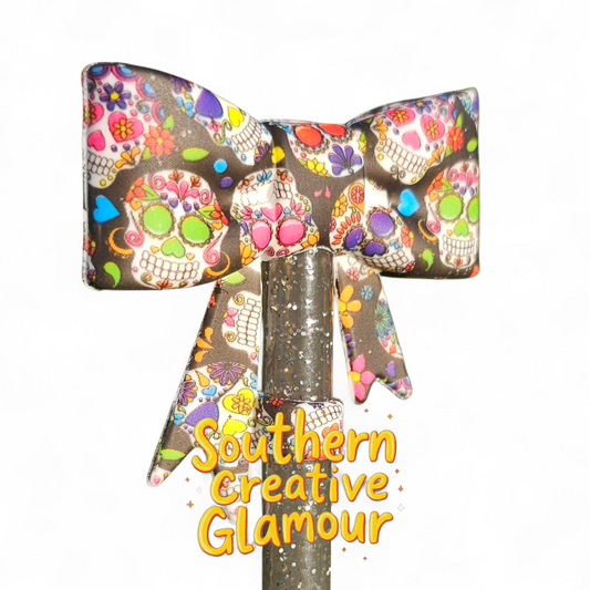 Halloween Sugar Skull 3D Bow Silicone 10mm Straw Topper by Southern Creative Glamour 