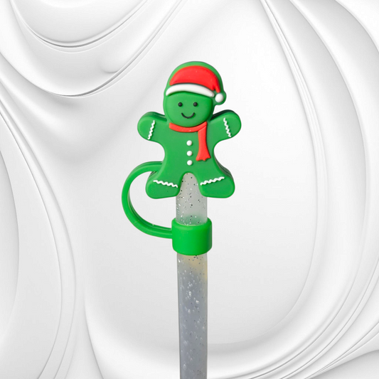 Green Gingerbread Man wearing red Santa Hat 3D Silicone Straw Topper. 