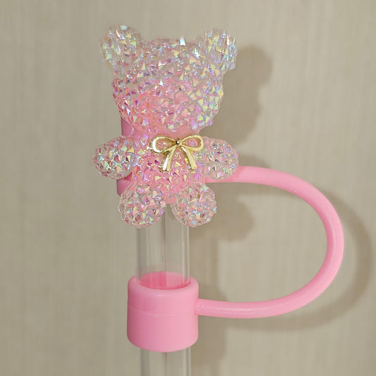 Deluxe Hot Pink and Gold  Glitter Teddy Bear Silicone Straw Topper  - Straw Cover 