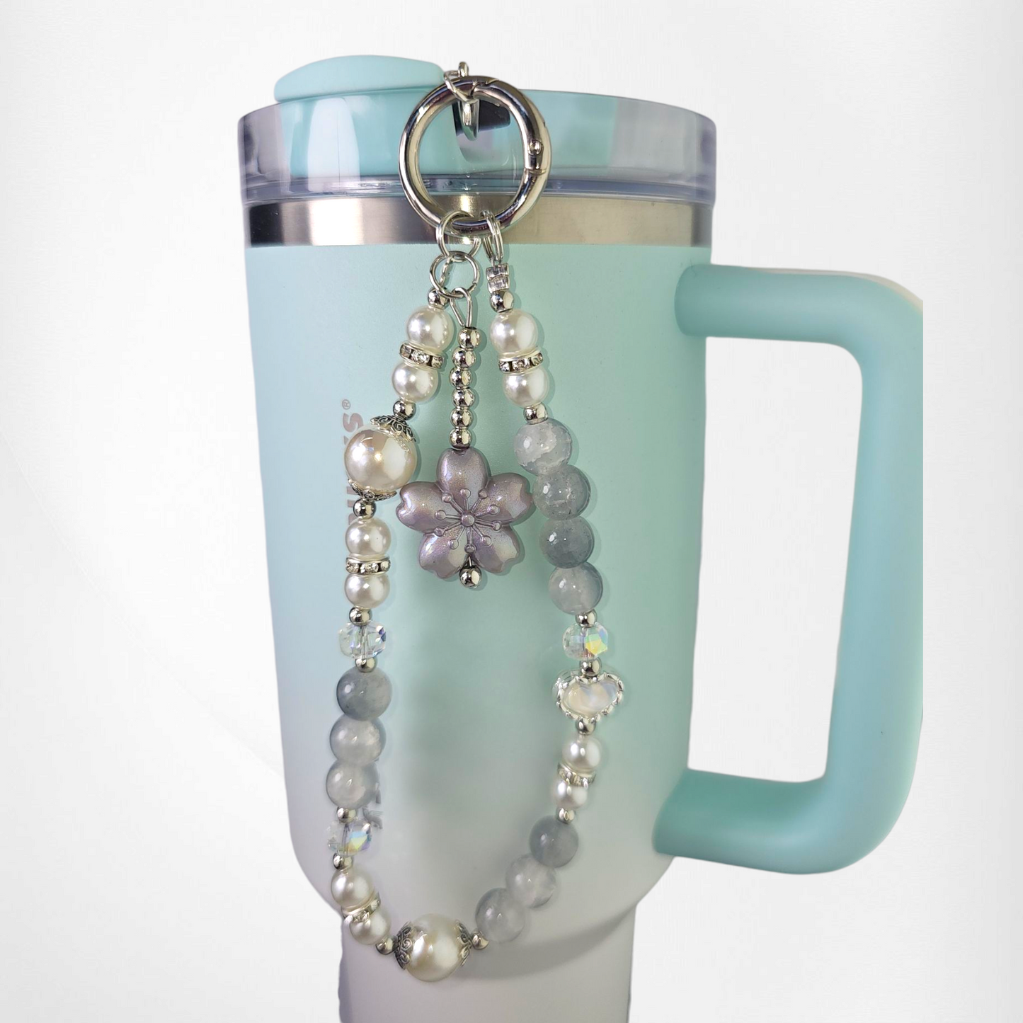 Purple Sakura Flower with White & Grey Marbled Faux Pearl Beads, and White Pearl Heart with Silver Keyring Charm Bracelet. 
