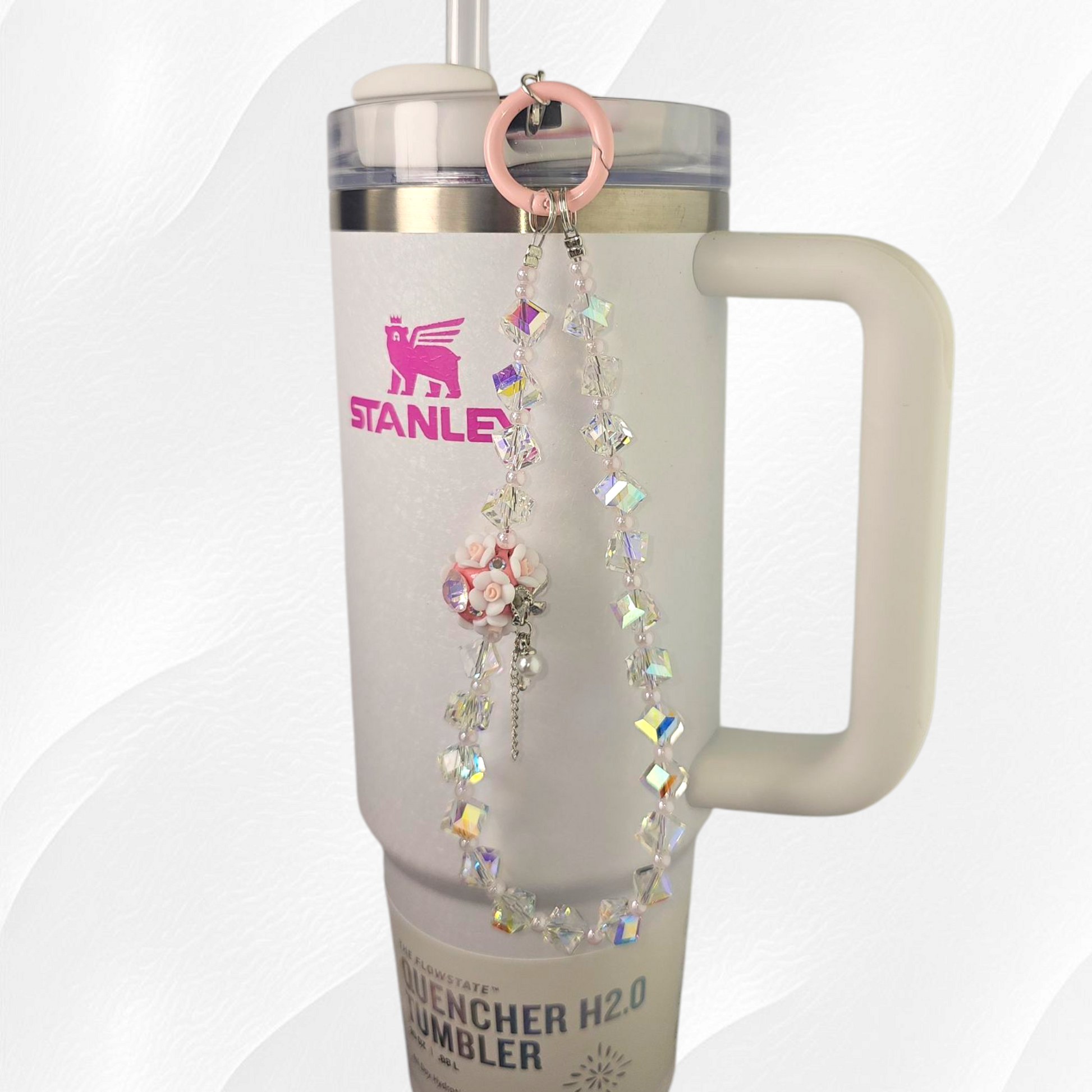 Pink Flower Beaded with crystal beaded charm bracelet. 