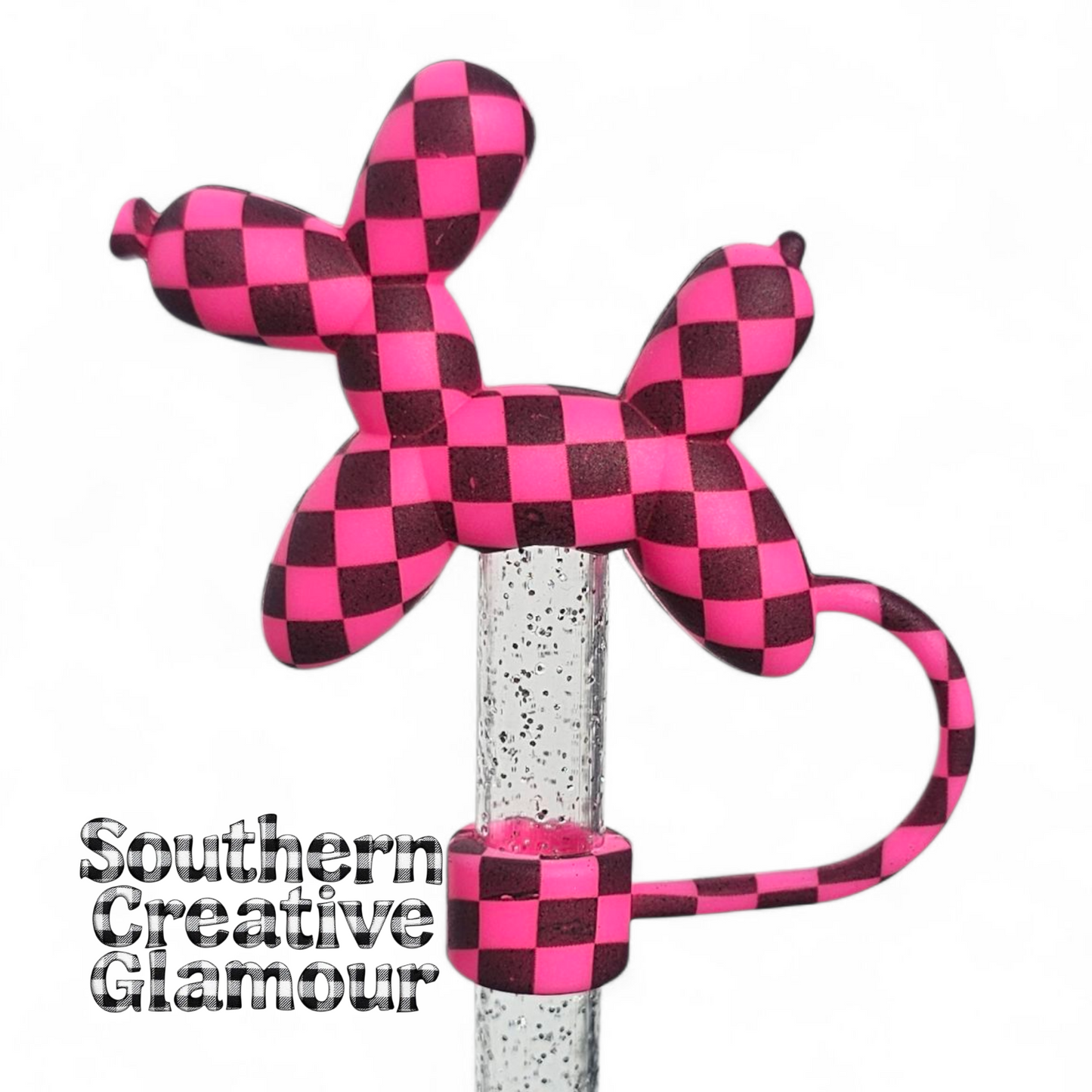 Pink Galaxy Checkers Balloon Dog 10mm Straw Topper