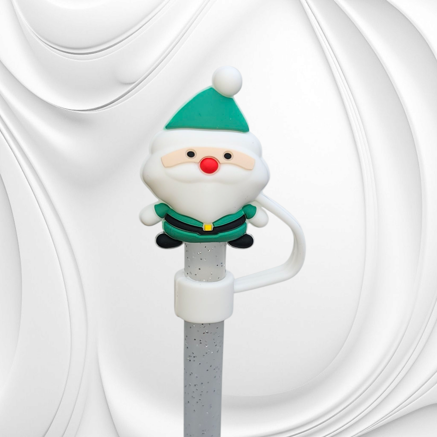 Green Christmas Santa Clause Gnome 3D Silicone Straw Topper