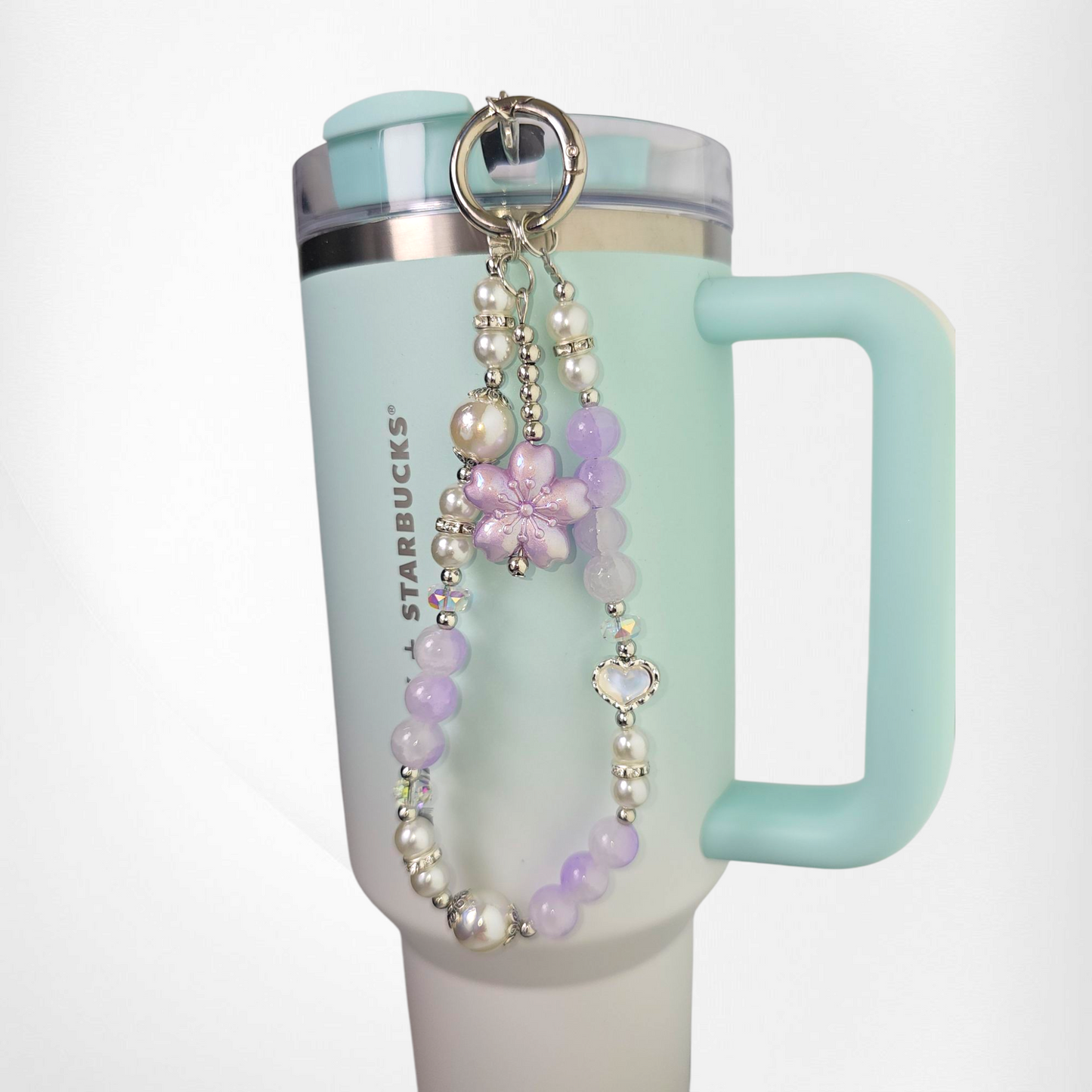 Lavender Purple Sakura Flower with White & Purple Faux Pearl Beads, and White Pearl Heart with Silver Keyring Charm Bracelet. 