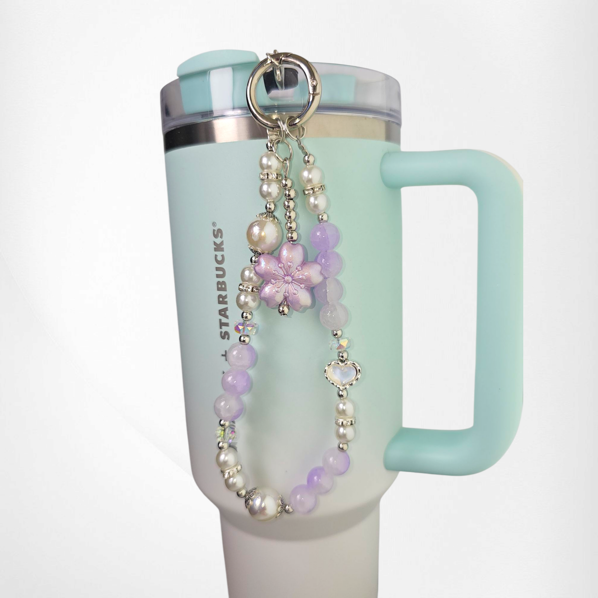 Lavender Purple Sakura Flower with White & Purple Faux Pearl Beads, and White Pearl Heart with Silver Keyring Charm Bracelet. 