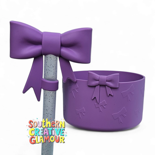 Orchid Purple 3D Bow Silicone Tumbler Boot & 3D Orchid Purple 3D Bow Straw Topper Set by Southern Creative Glamour 