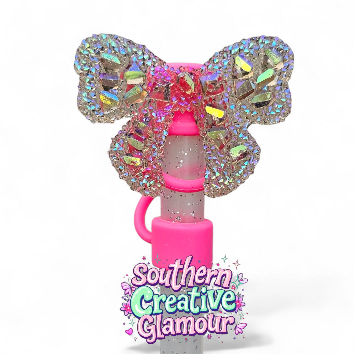 Druzy Glitter Ribbon Bow Silicone 10mm Straw Topper - Metallic Pink by Southern Creative Glamour 