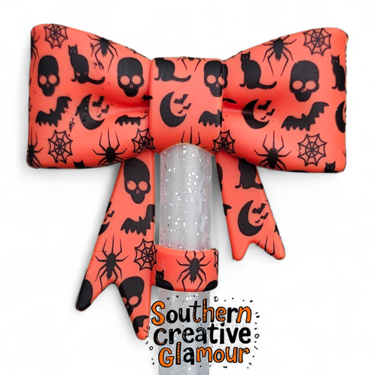 Orange Halloween Bow with Black Bats, Skulls, Cats, Spider Webs Silicone 10mm Straw Topper by Southern Creative Glamour 