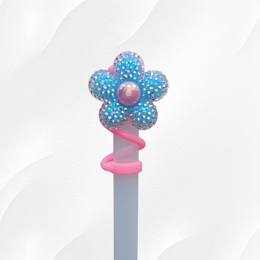 Blue and Pink Glitter Daisy Flower Silicone Straw Topper  - Straw Cover. 