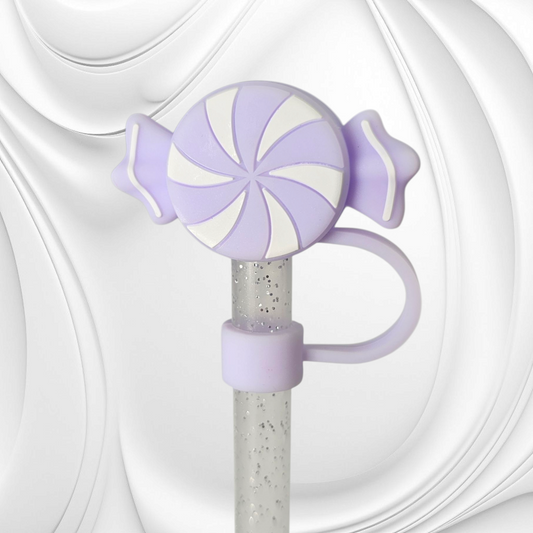 Purple and White Candy 3D Silicone Straw Topper. 