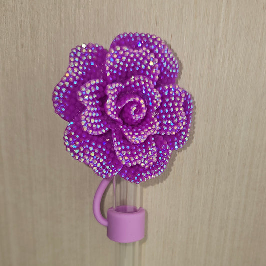 Rose Flower Glitter Silicone Straw Topper  - Straw Cover. Violet Purple 