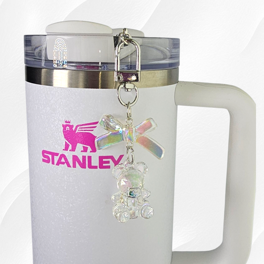 Clear iridescent teddy bear and bow charm