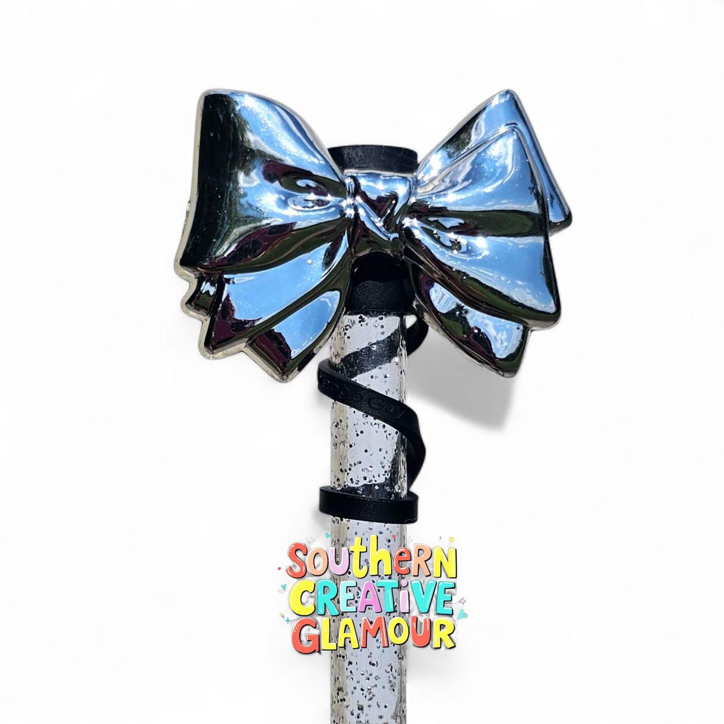 Silver Shiny Bow Tie Silicone 10mm Straw Toppers