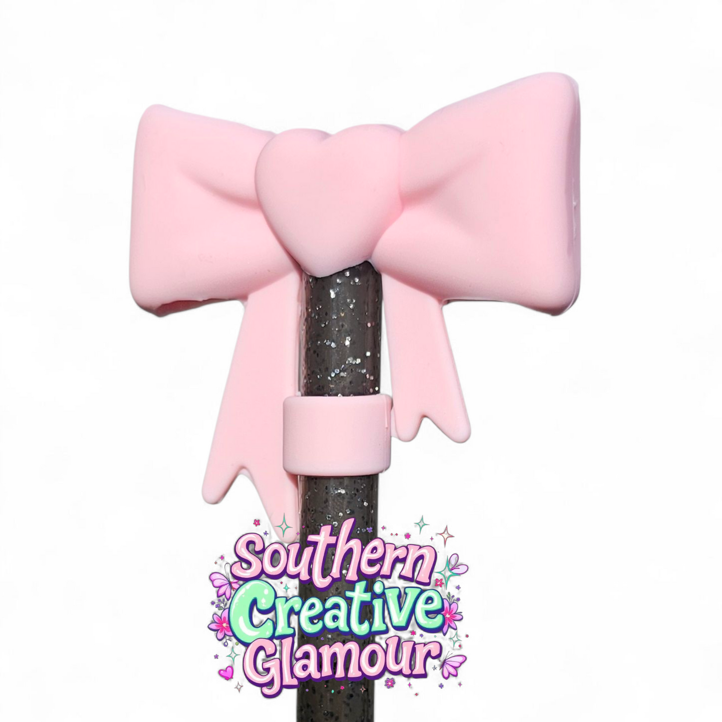 Pink 3D Heart Bow Silicone 10mm Straw Topper by Southern Creative Glamour 