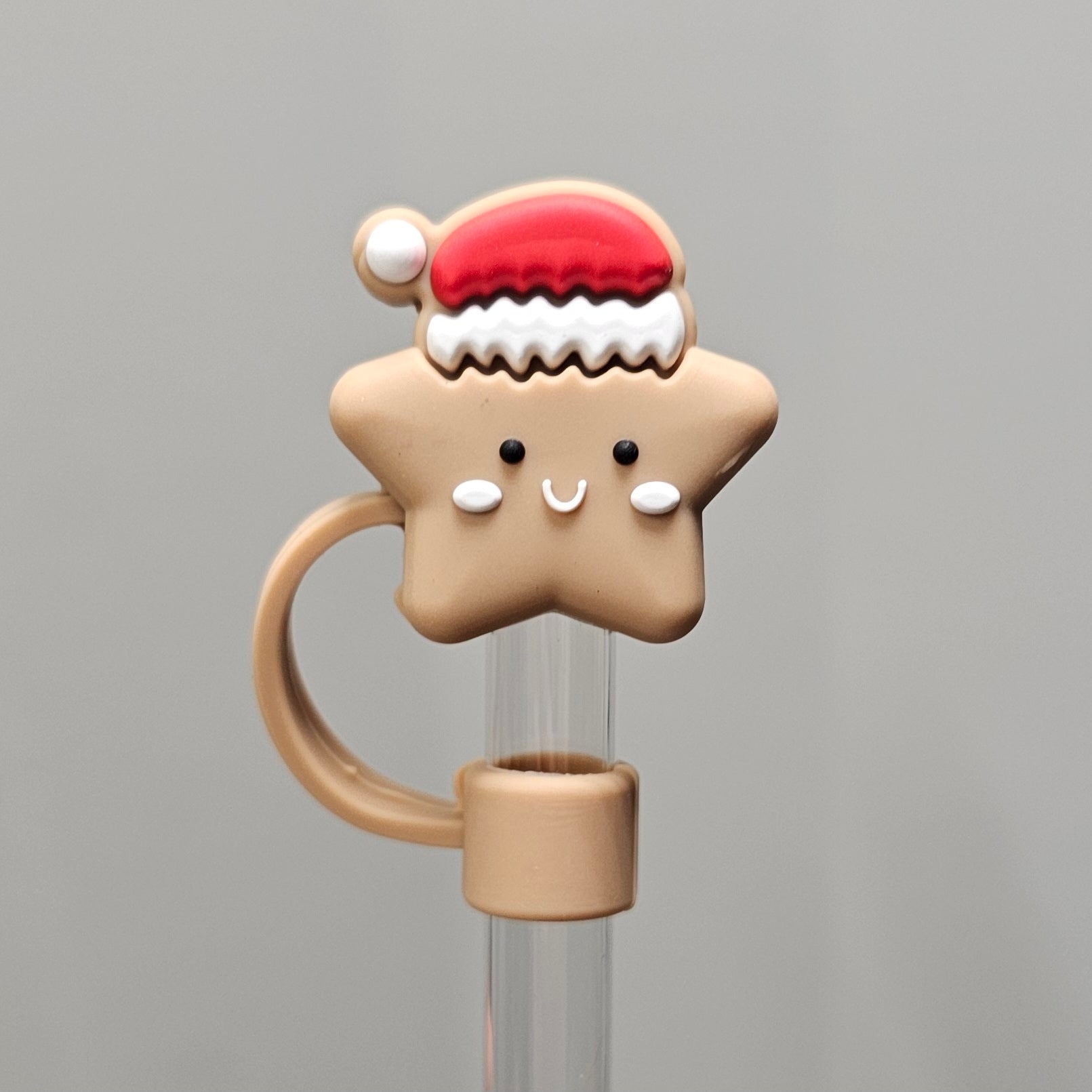 Basic Brown Christmas Star wearing red Santa Hat 3D Silicone Straw Topper  - Straw Cover 