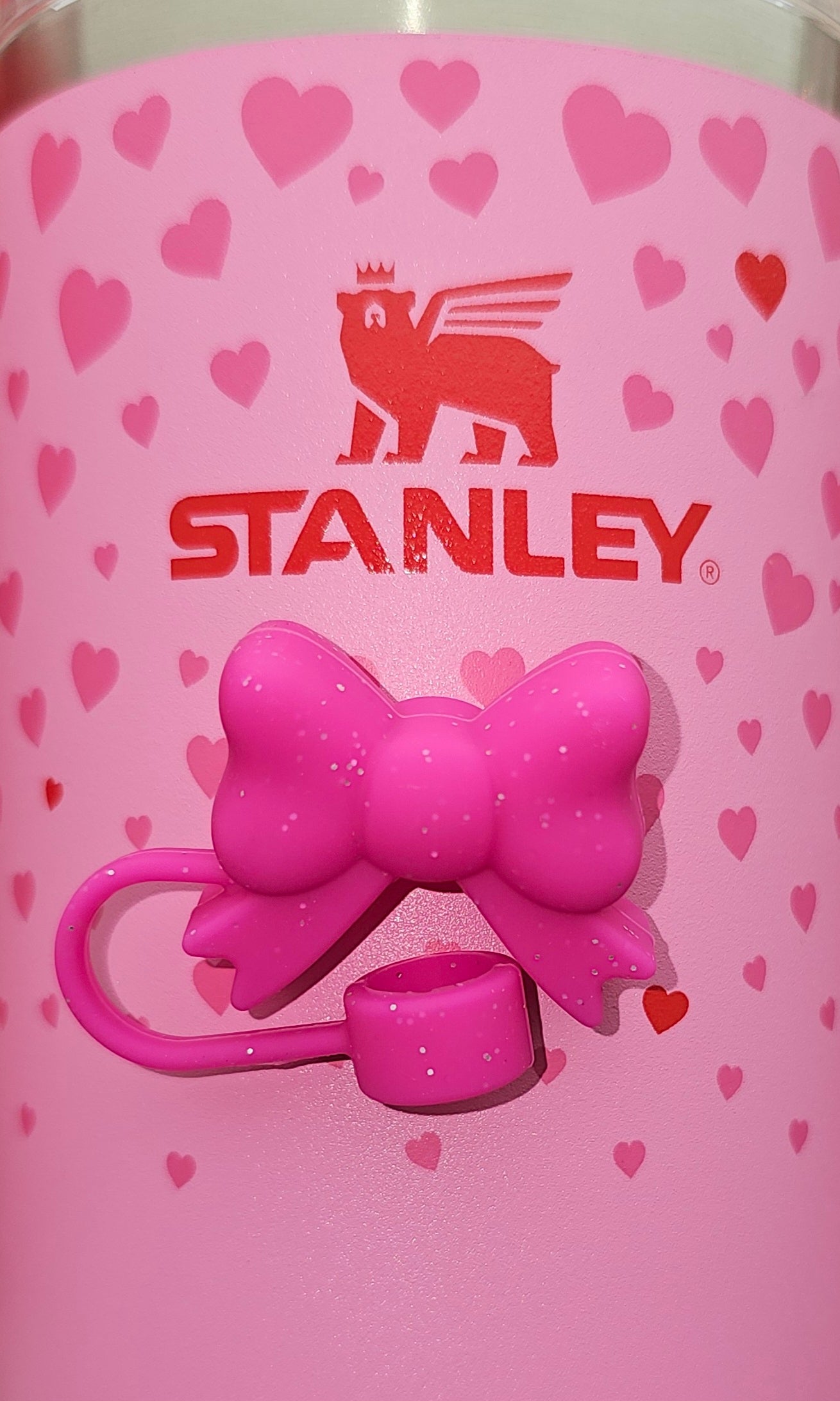 Fuschia Pink Glitter Butterfly Ribbon Bow 3D Silicone Straw Topper  - Straw Cover  - Straw Topper. Pictured with Target Exclusive Valentine's Day Stanley Sweet Hearts. 