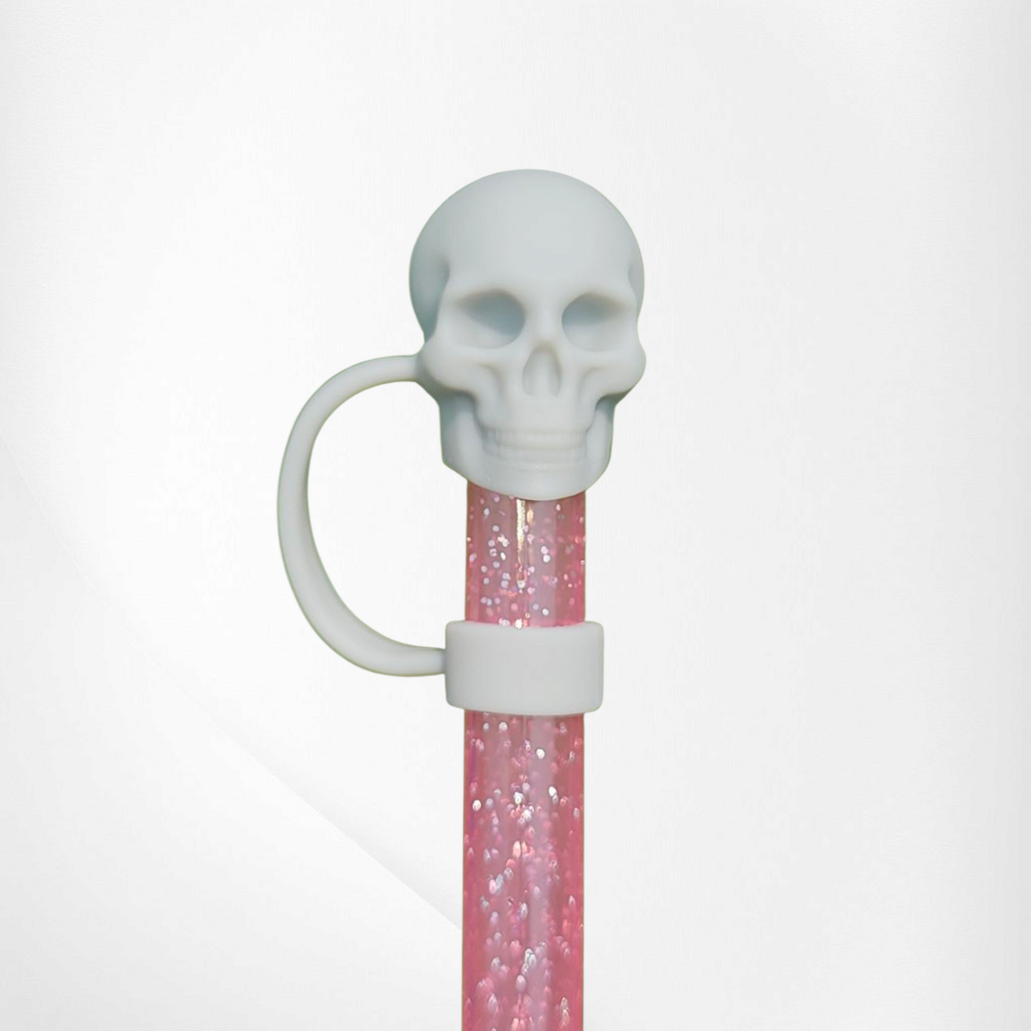 Ash Grey Halloween Skull 3D Silicone Straw Toppers