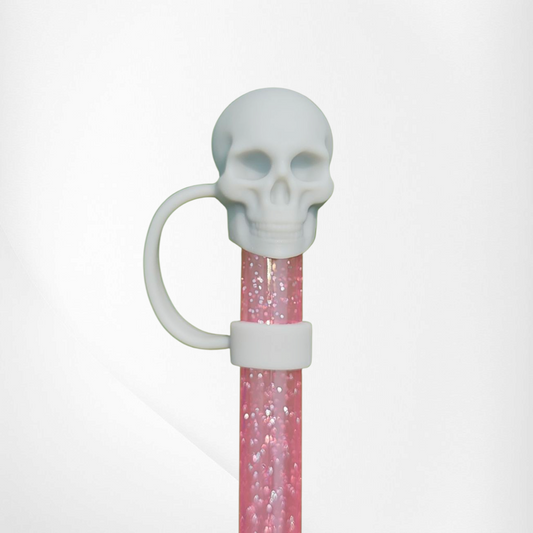 Ash Grey Halloween Skull 3D Silicone Straw Toppers