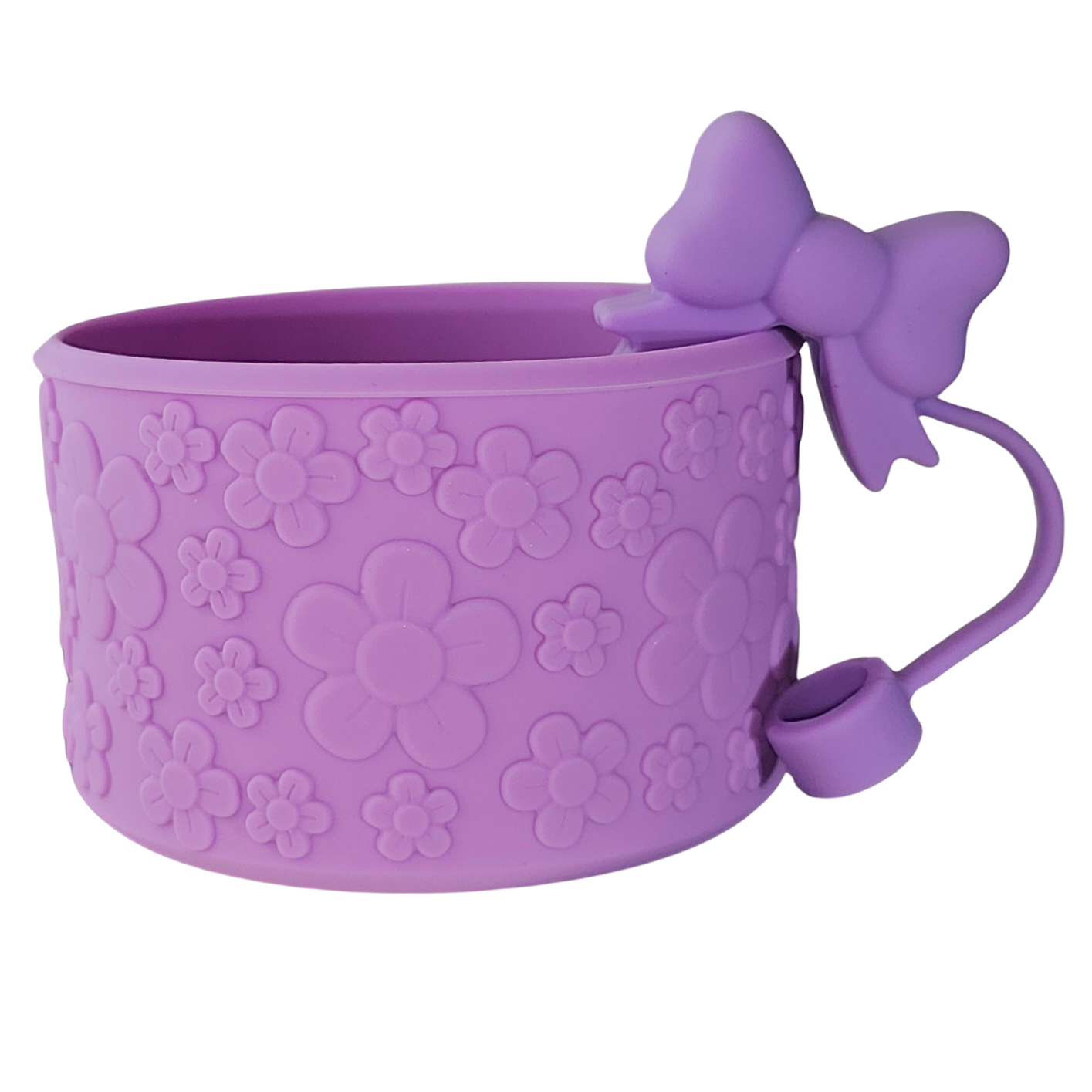 Purple Flower Textured Silicone Tumbler Boot and Dahlia Purple Butterfly Ribbon Bow Silicone Straw Topper  - Straw Cover Set. 