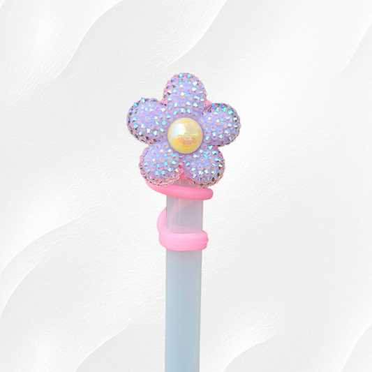 Purple Glitter Daisy Flower Silicone Straw Topper  - Straw Cover. 