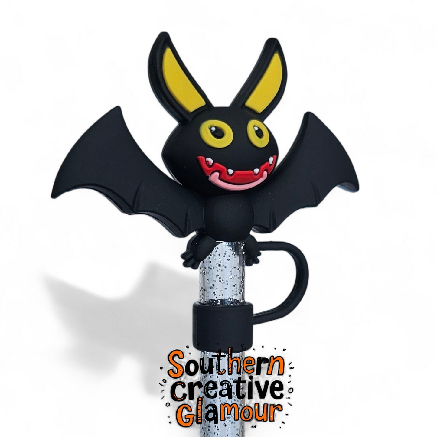 3D Jumbo Happy Halloween Bat 10mm Straw Topper - Black