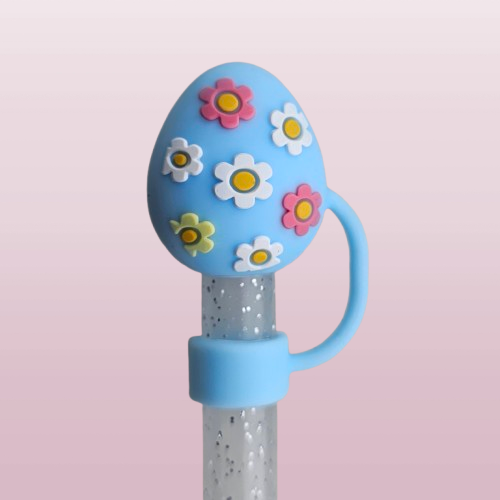 Spring Blue Easter Egg with pink, white, and yellow daisy flowers 3D Silicone Straw Topper  - Straw Cover. Fits 10mm and Stanley Straws. 