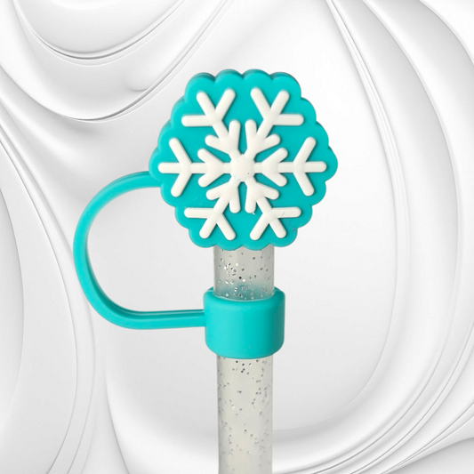 Teal Blue and White Snowflake 3D Silicone Straw Topper 