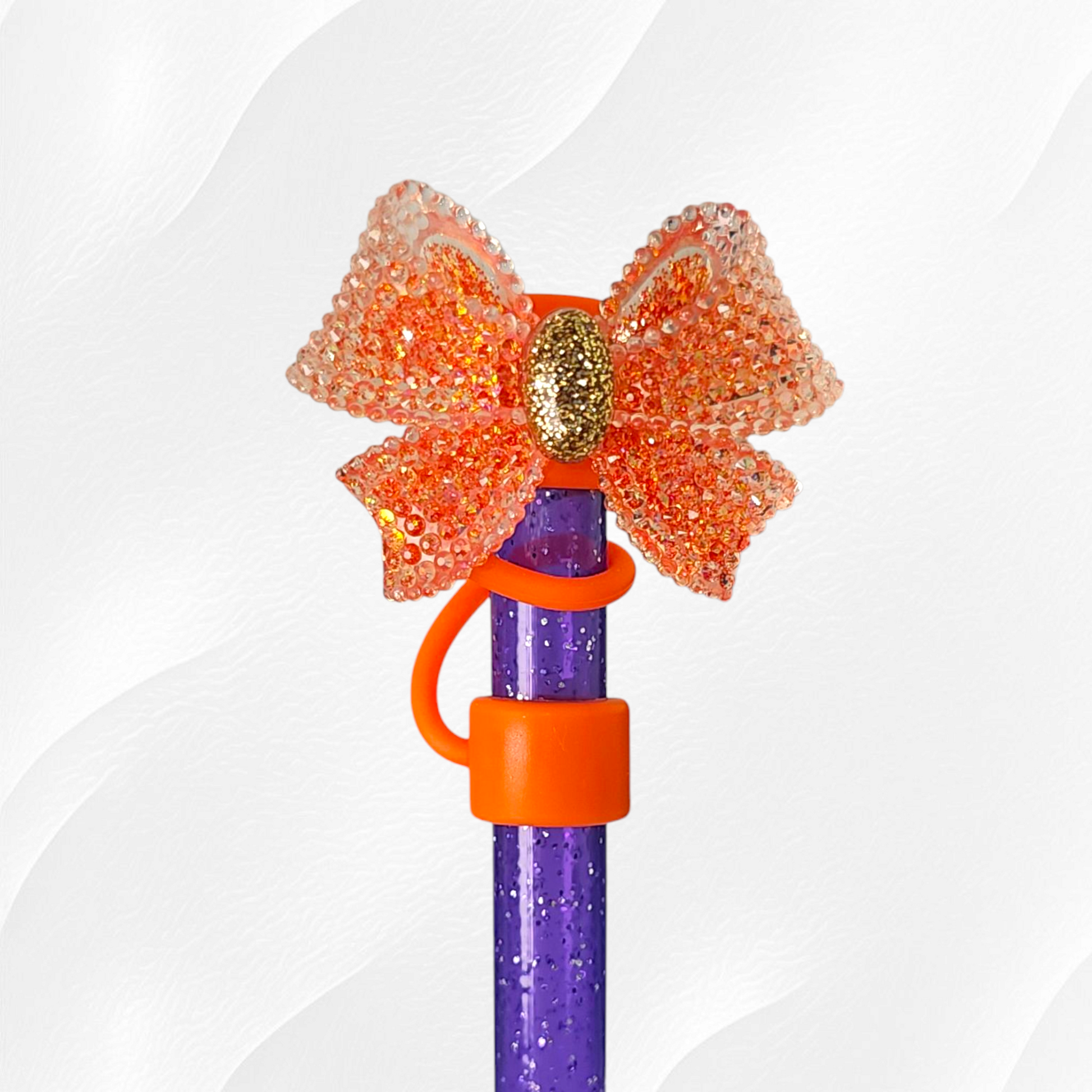 Coral Orange glitter ribbon bow silicone 10mm straw topper by Southern Creative Glamour 