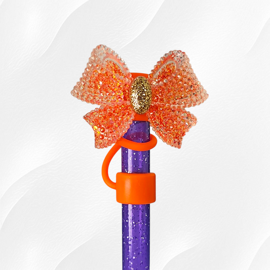 Coral Orange glitter ribbon bow silicone 10mm straw topper by Southern Creative Glamour 