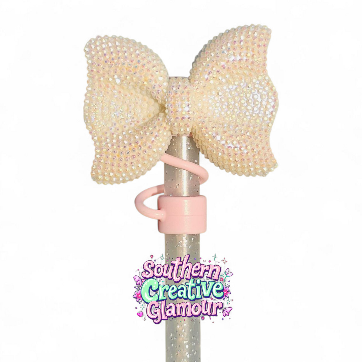 White Glitter Bow Tumbler Silicone 10mm Straw Topper - Blush Pink by Southern Creative Glamour 